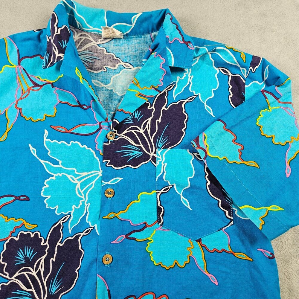 Vintage Barefoot in Paradise Hawaiian Shirt Mens Large Blue Floral Short Sleeve
